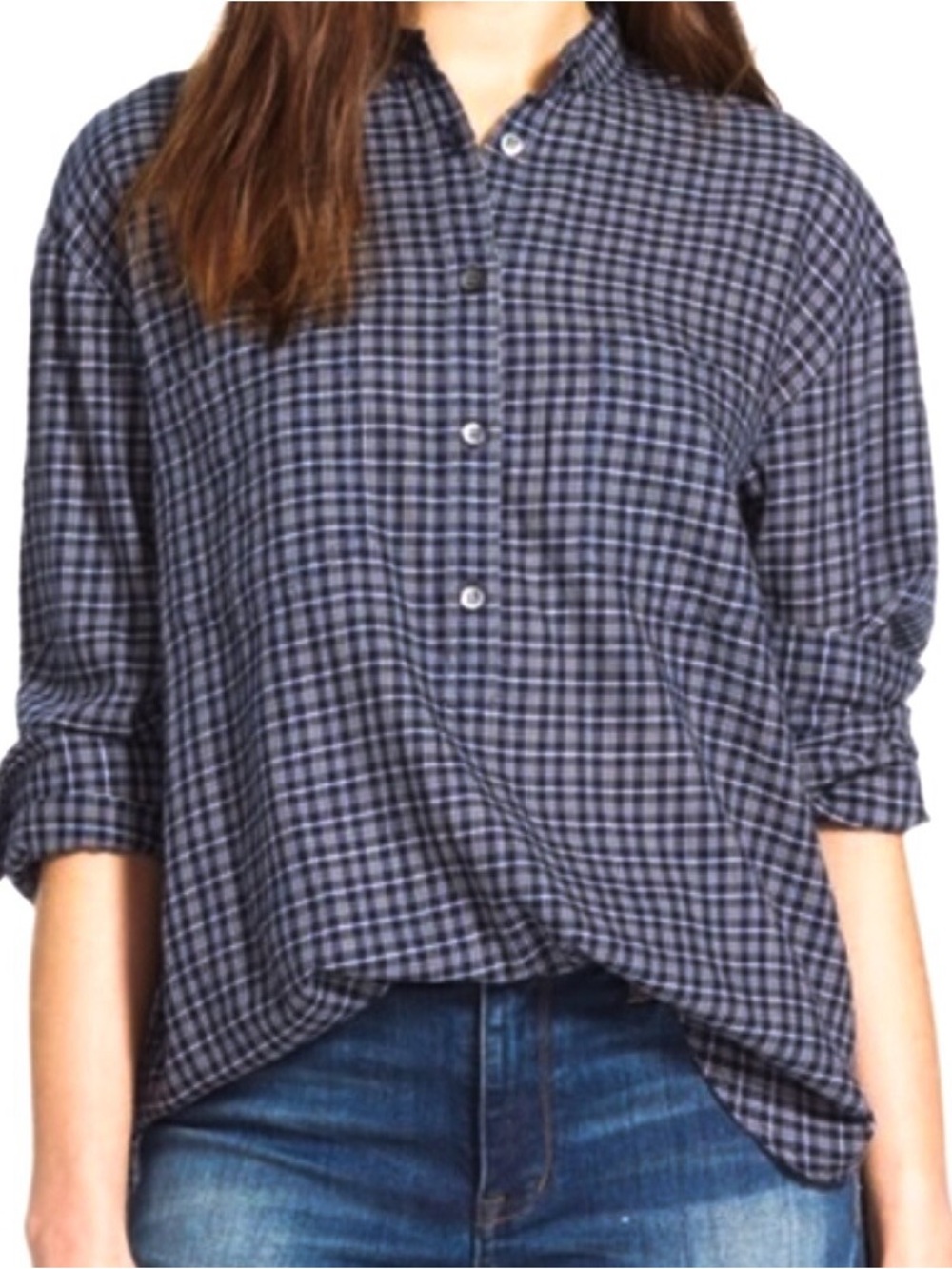 Madewell Abilene Plaid Popover Shirt navy blue white blouse 100% cotton light - Picture 2 of 5